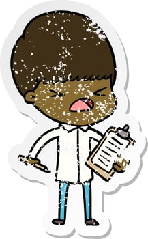distressed sticker of a cartoon stressed man vector