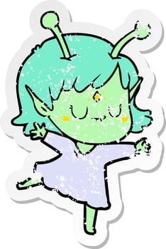 distressed sticker of a cartoon alien girl vector