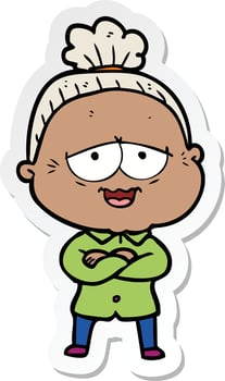 sticker of a cartoon happy old lady vector
