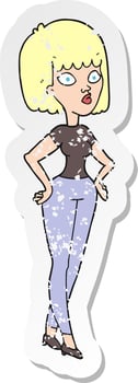 retro distressed sticker of a cartoon woman with hands on hips vector