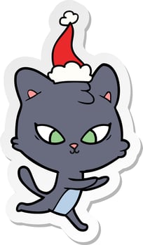cute sticker cartoon of a cat wearing santa hat vector
