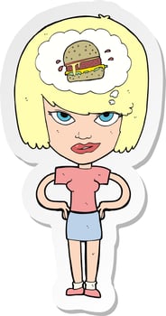 sticker of a cartoon woman thinking about junk food vector