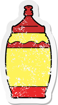 distressed sticker of a cartoon ketchup bottle vector