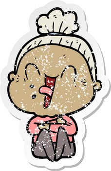distressed sticker of a cartoon happy old woman vector