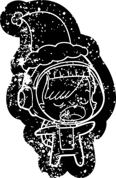 cartoon distressed icon of a talking astronaut woman wearing santa hat vector