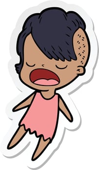 sticker of a cartoon cool hipster girl talking vector