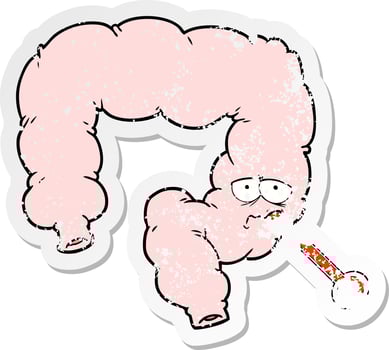 distressed sticker of a cartoon unhealthy colon vector