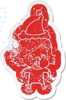 cartoon distressed sticker of a happy woman wearing santa hat vector