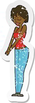 retro distressed sticker of a cartoon content woman vector