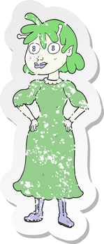 retro distressed sticker of a cartoon alien woman vector