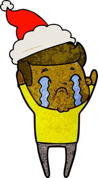 textured cartoon of a man crying wearing santa hat vector
