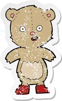 retro distressed sticker of a cartoon happy teddy bear in boots vector