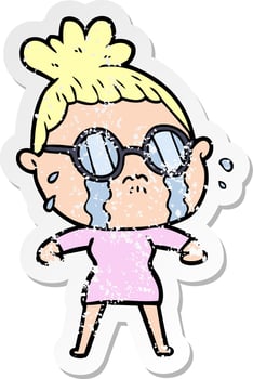 distressed sticker of a cartoon crying woman wearing spectacles vector