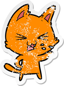 distressed sticker of a cartoon cat hissing vector