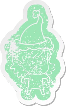 cartoon distressed sticker of a elf girl staring wearing santa hat vector