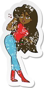 retro distressed sticker of a cartoon woman raising fist vector