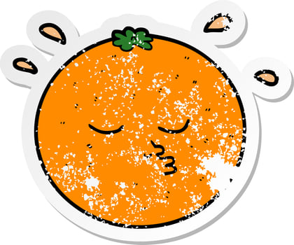 distressed sticker of a cartoon orange with face vector