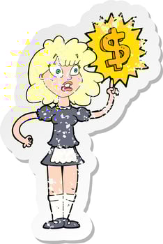 retro distressed sticker of a cartoon waitress with money symbol vector