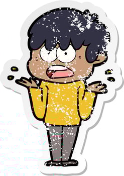 distressed sticker of a worried cartoon boy vector