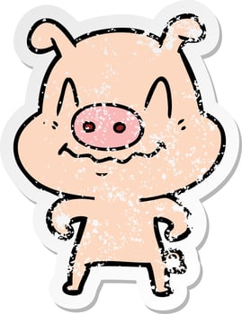 distressed sticker of a nervous cartoon pig vector