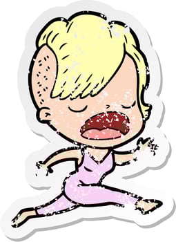 distressed sticker of a cartoon cool hipster girl talking vector
