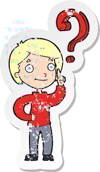 retro distressed sticker of a cartoon boy asking question vector