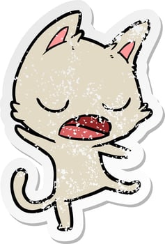 distressed sticker of a talking cat cartoon vector