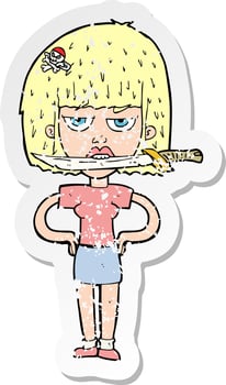 retro distressed sticker of a cartoon woman with knife between teeth vector