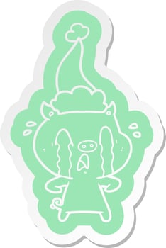 crying pig cartoon  sticker of a wearing santa hat vector