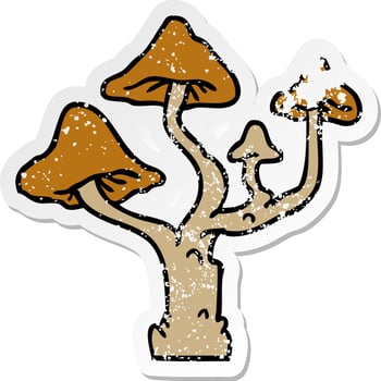 distressed sticker cartoon doodle of growing mushrooms vector