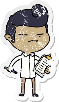 distressed sticker of a cartoon cool guy with fashion hair cut and clip board vector