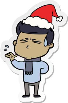 sticker cartoon of a man sweating wearing santa hat vector