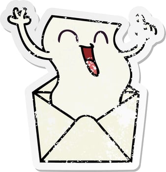 distressed sticker of a quirky hand drawn cartoon happy letter vector