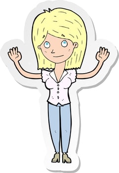 sticker of a cartoon woman holding up hands vector