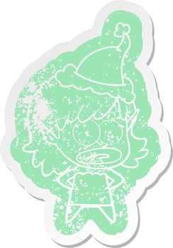 cartoon distressed sticker of a shocked elf girl wearing santa hat vector