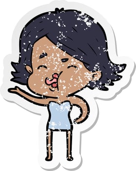 distressed sticker of a cartoon girl pulling face vector