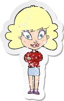 retro distressed sticker of a cartoon happy woman with folded arms vector