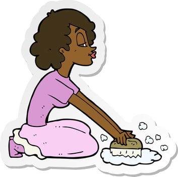 sticker of a cartoon woman scrubbing floor vector