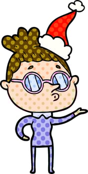 comic book style illustration of a woman wearing glasses wearing santa hat vector