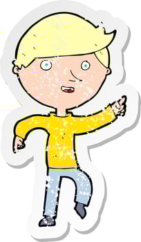 retro distressed sticker of a cartoon happy pointing vector