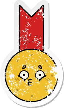distressed sticker of a cute cartoon gold medal vector