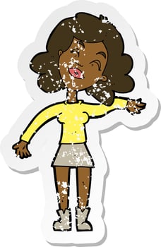 retro distressed sticker of a cartoon woman only joking vector