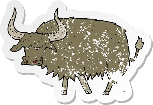 retro distressed sticker of a cartoon annoyed hairy cow vector