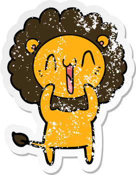 distressed sticker of a happy cartoon lion vector