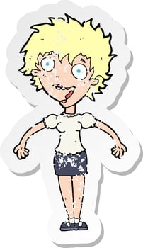 retro distressed sticker of a cartoon excited woman vector