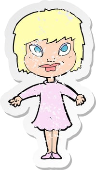 retro distressed sticker of a cartoon girl shrugging shoulders vector
