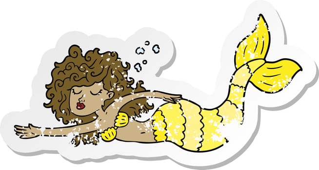 distressed sticker of a cartoon mermaid vector