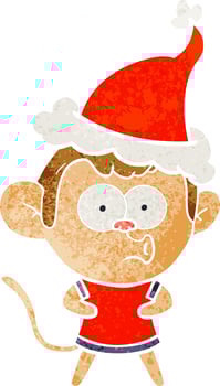 retro cartoon of a surprised monkey wearing santa hat vector