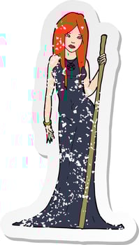 retro distressed sticker of a cartoon sorceress vector