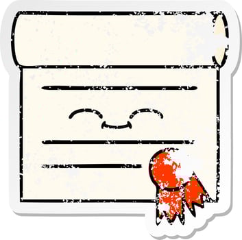 distressed sticker of a cute cartoon certificate vector